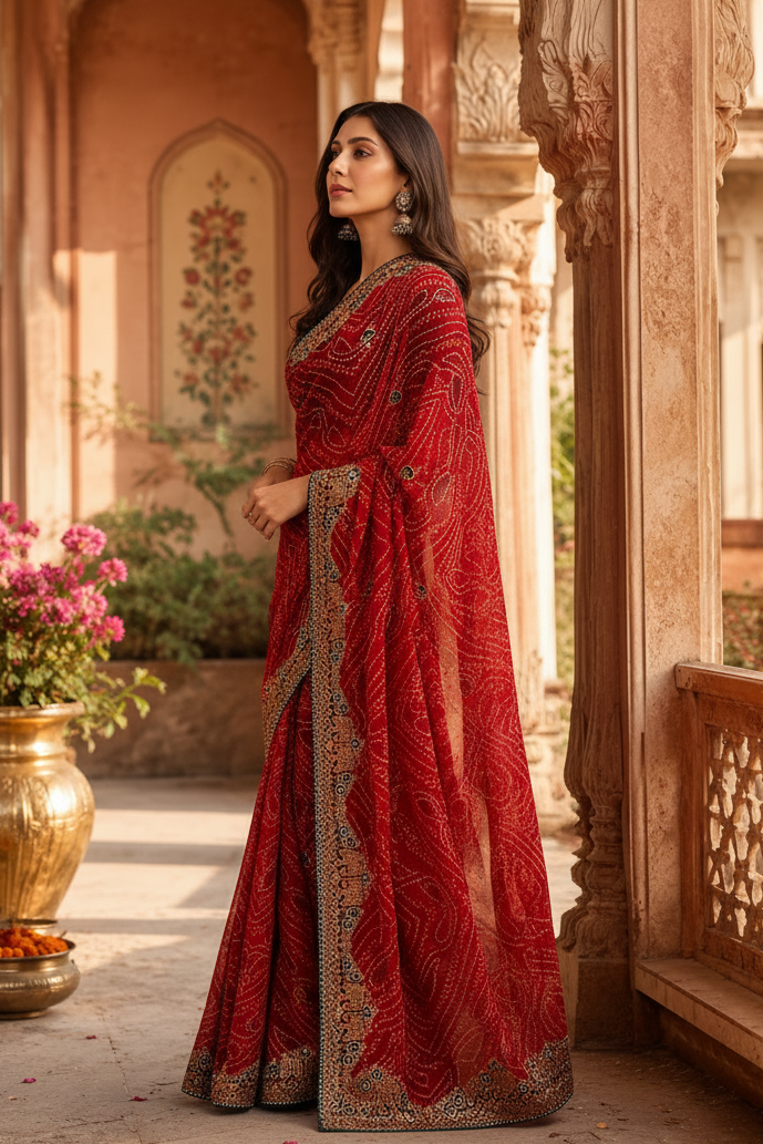 Georgette Embroidery Work Saree With Unstitched Blouse(Red)