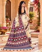 Premium Pure Satin Silk Ajrakh Print saree With Unstitched Blouse(Off White)