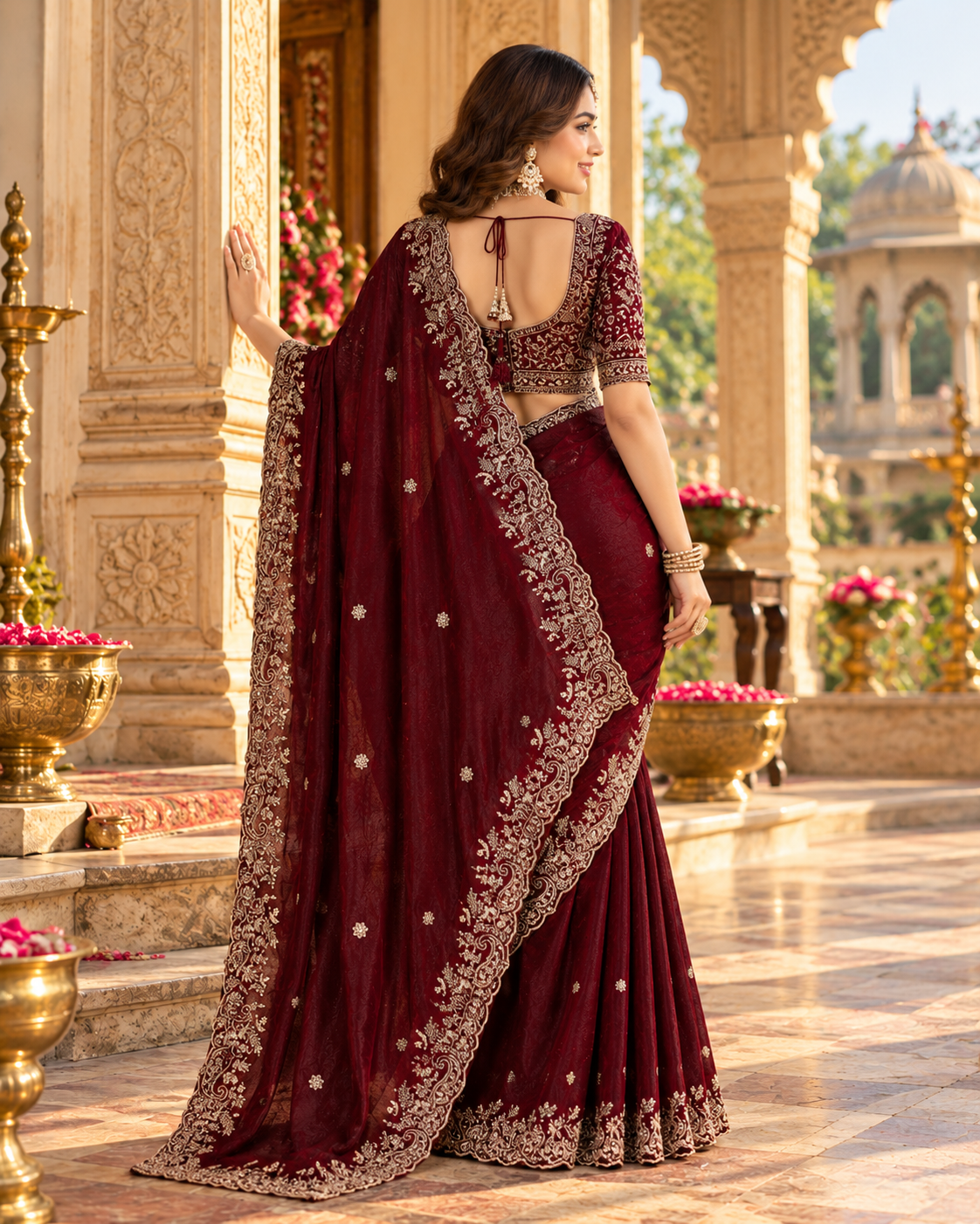 Pure Silk Embroidery Work Saree With Unstitched Blouse(Cherry)