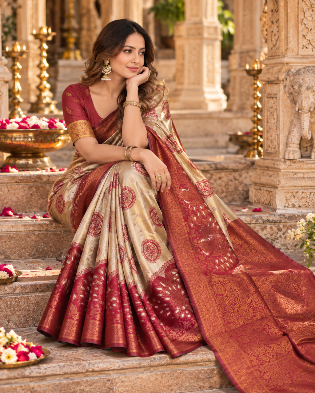 Banarasi Zari Weaving Saree With Unstitched Blouse(Beige)
