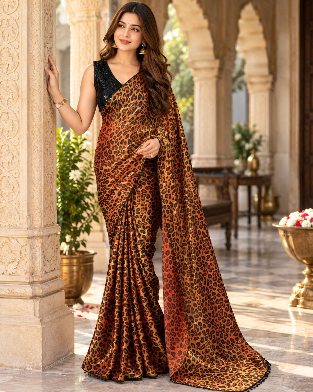 Satin Silk Printed Saree With Unstitched Blouse(Mustard)