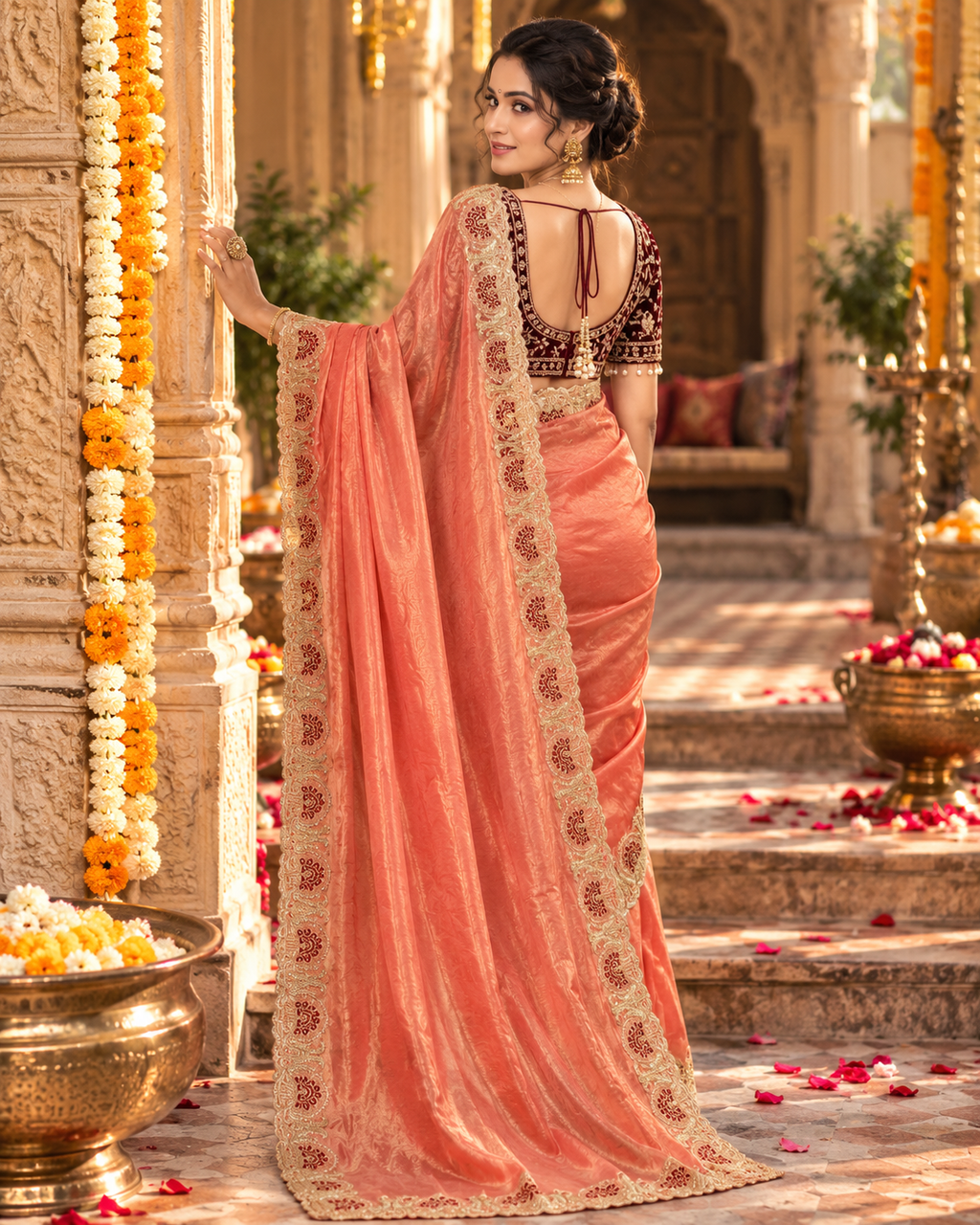 Satin Silk Zari Embroidery Sequin Work Saree With Unstitched Blouse(Peach)
