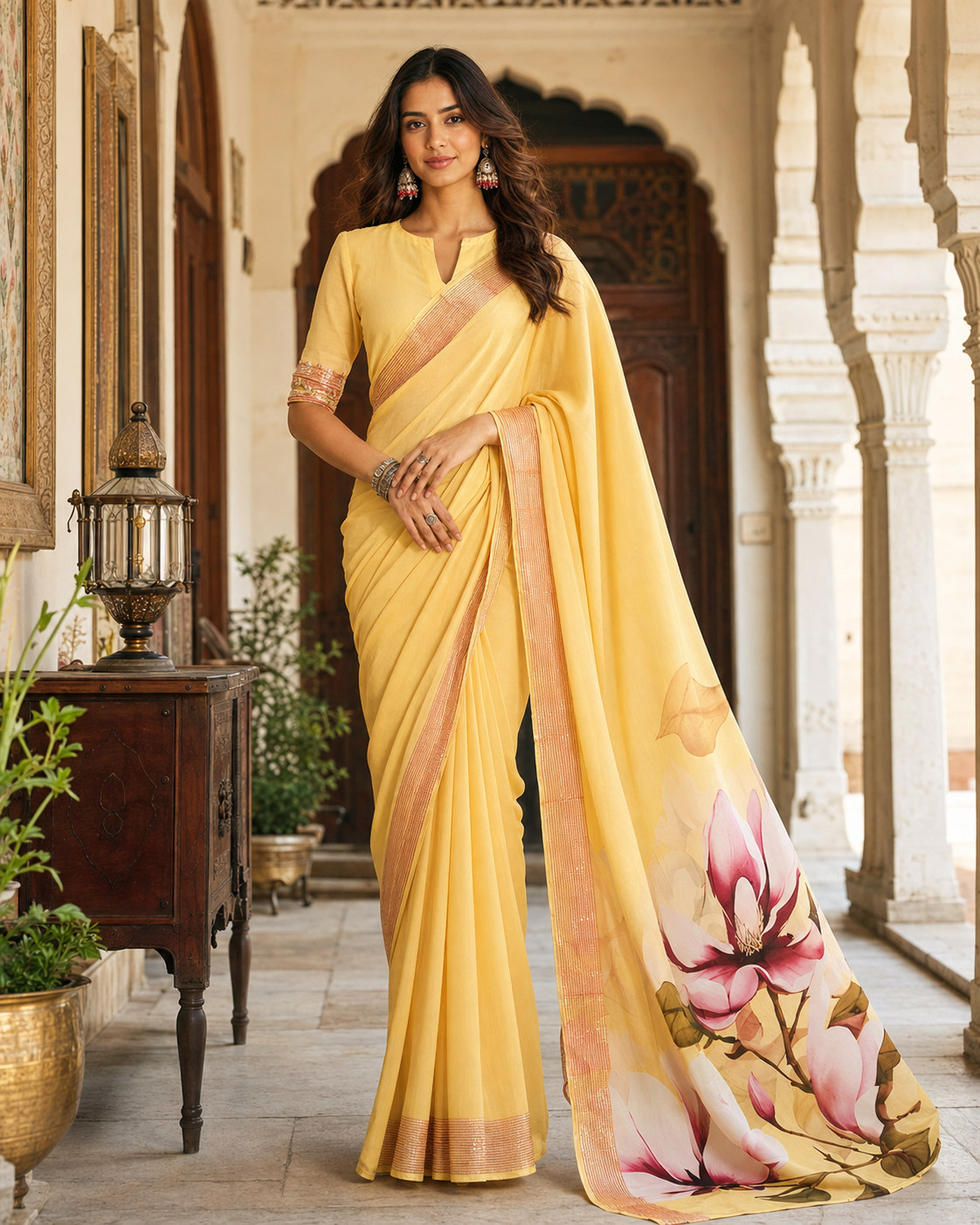 Georgette Digital Print Saree With Unstitched Blouse(Yellow)