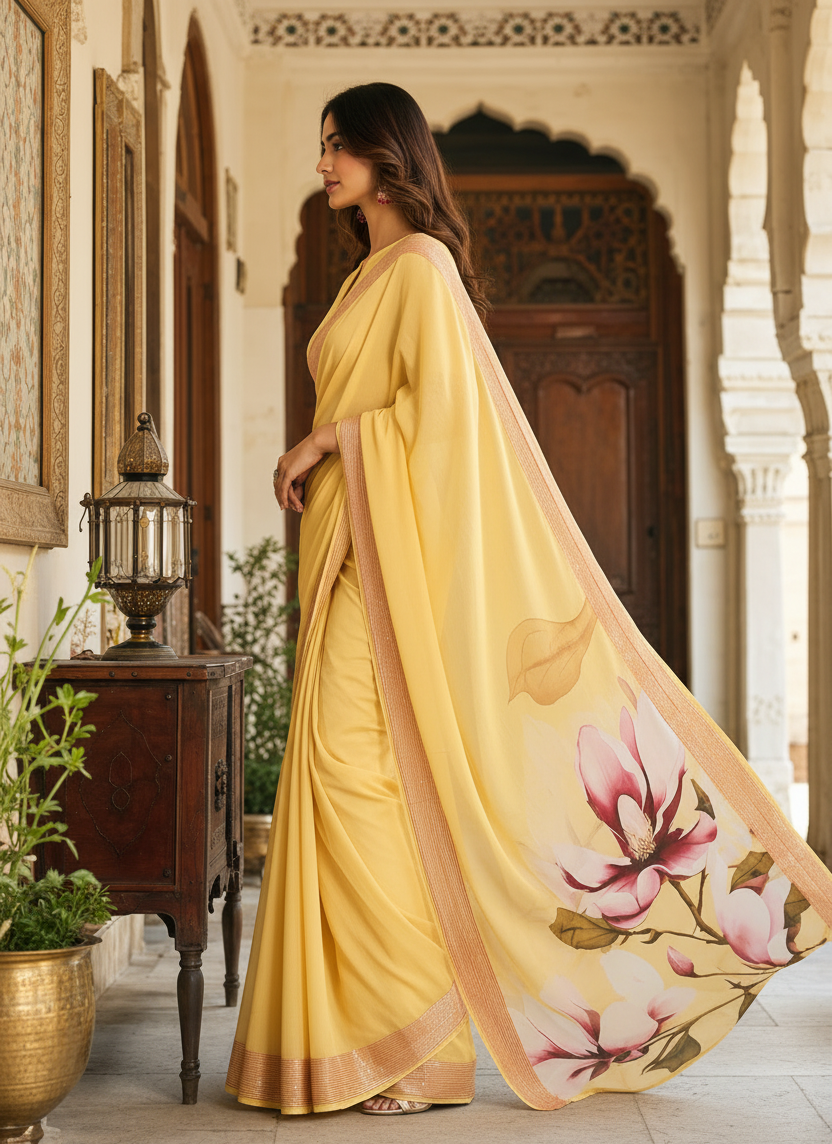 Georgette Digital Print Saree With Unstitched Blouse(Yellow)