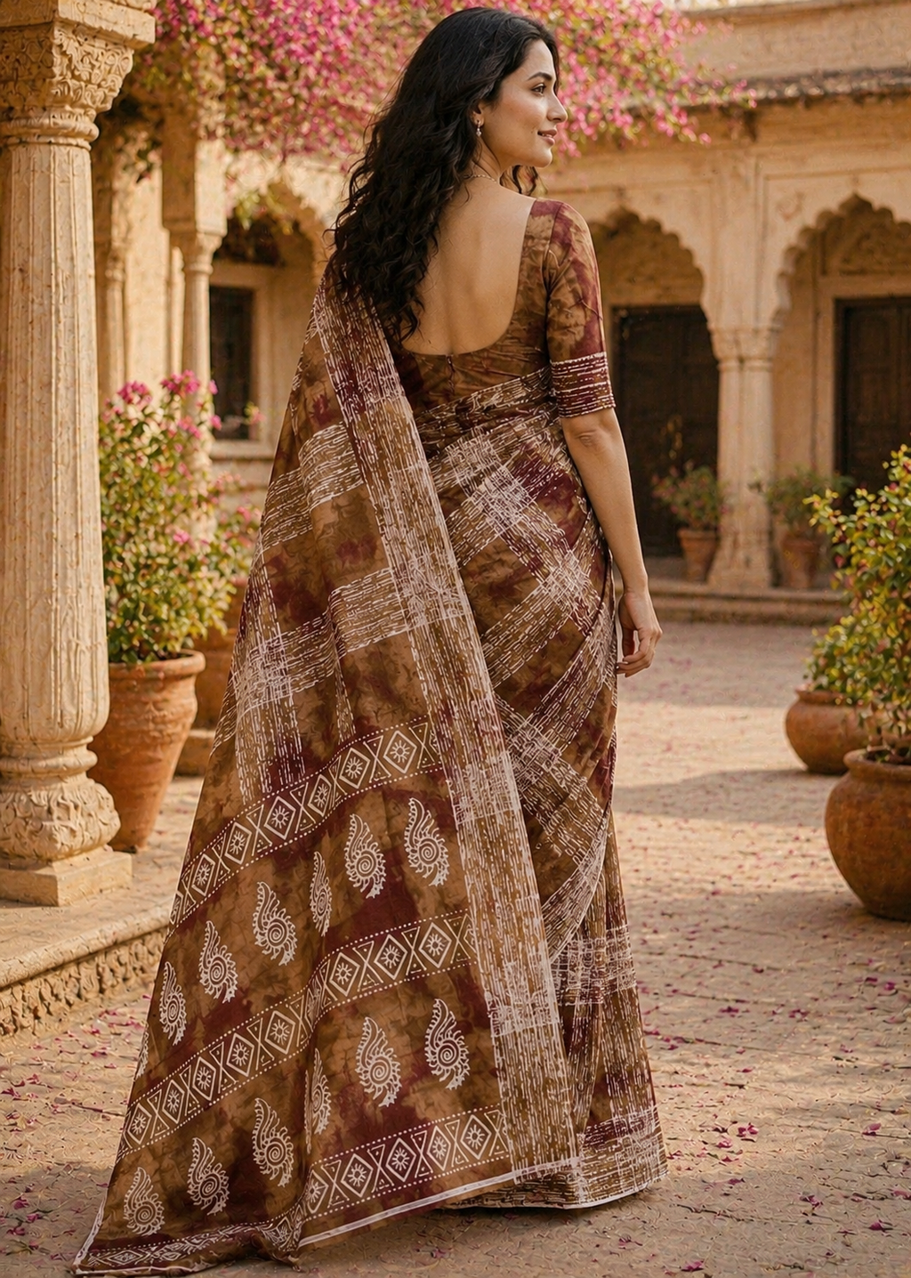 Mulmul Cotton Printed Saree With Unstitched Blouse(Brown)
