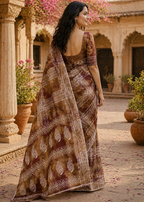 Mulmul Cotton Printed Saree With Unstitched Blouse(Brown)