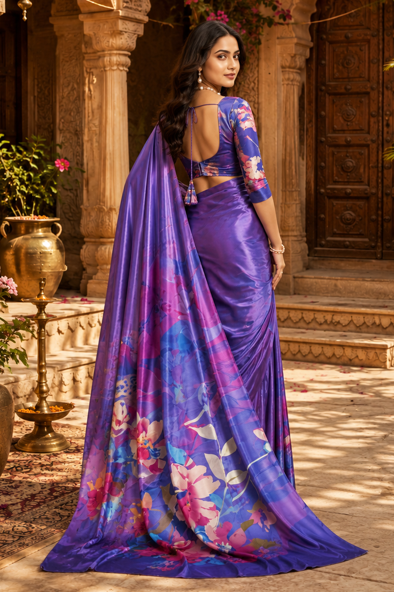 Premium Crepe Silk Digital Floral Print Saree With Unstitched Blouse(Violet)
