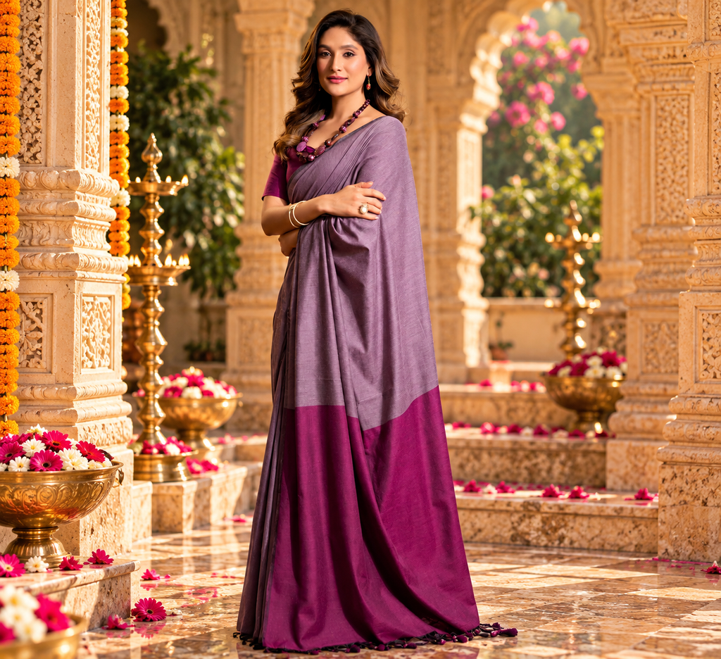 Mulmul Cotton Saree With Unstitched Blouse(Lavender)