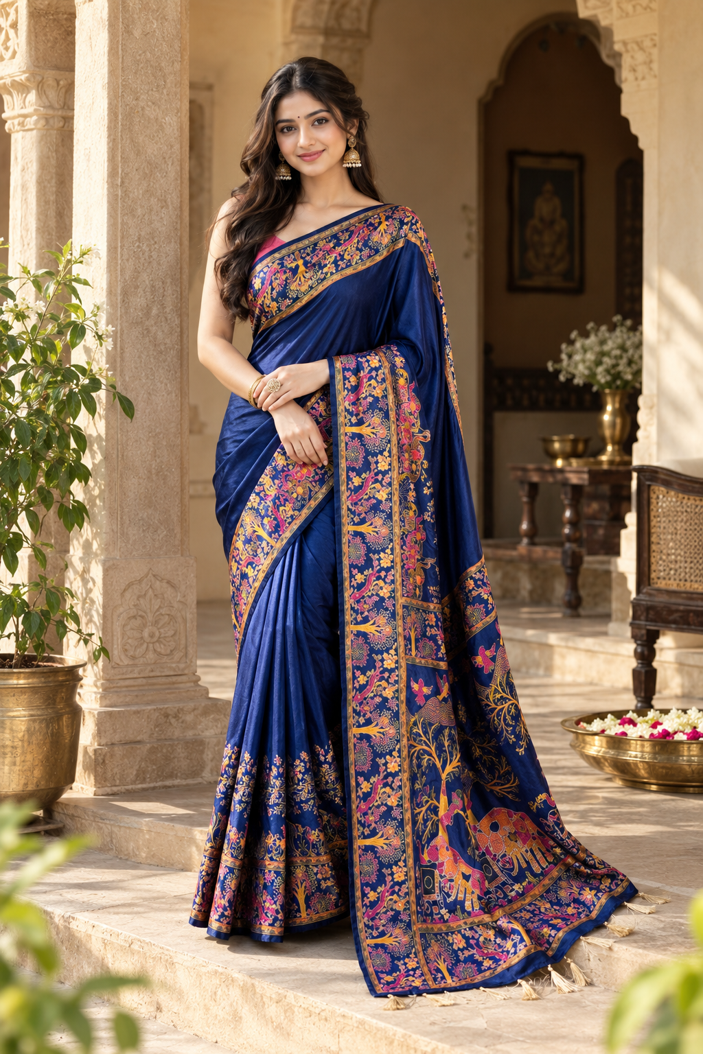 Premium Pashmina Kashmiri  Meenakari Weaves Tassels Saree (Blue )
