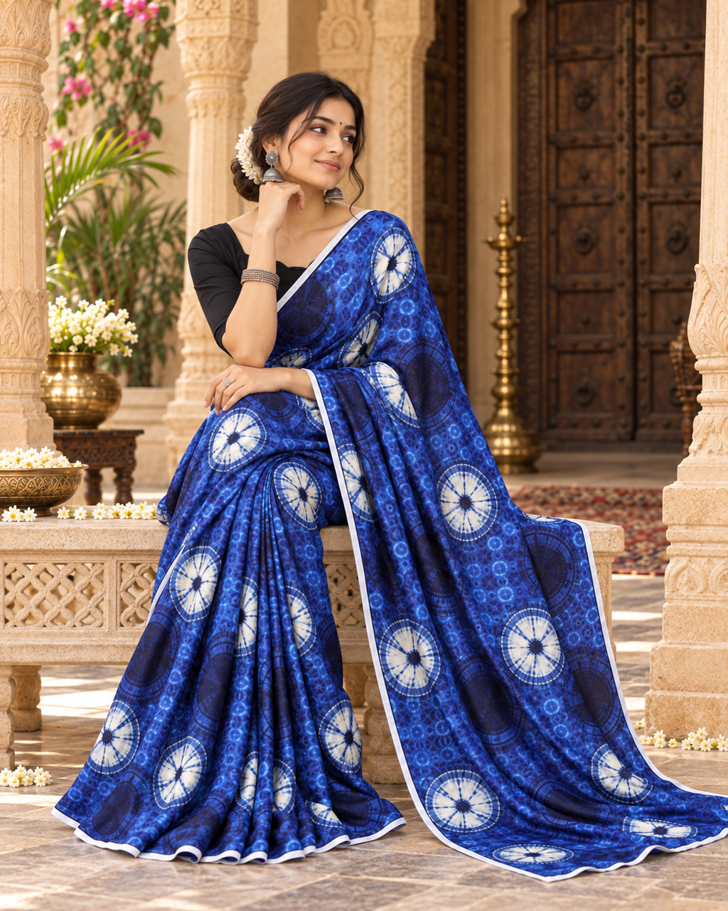 Satin Silk Printed Saree With Unstitched Blouse(Blue)