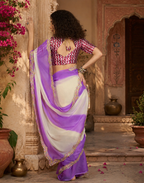 Georgette Embroidery Lace Work Saree With Unstitched Blouse(Purple)