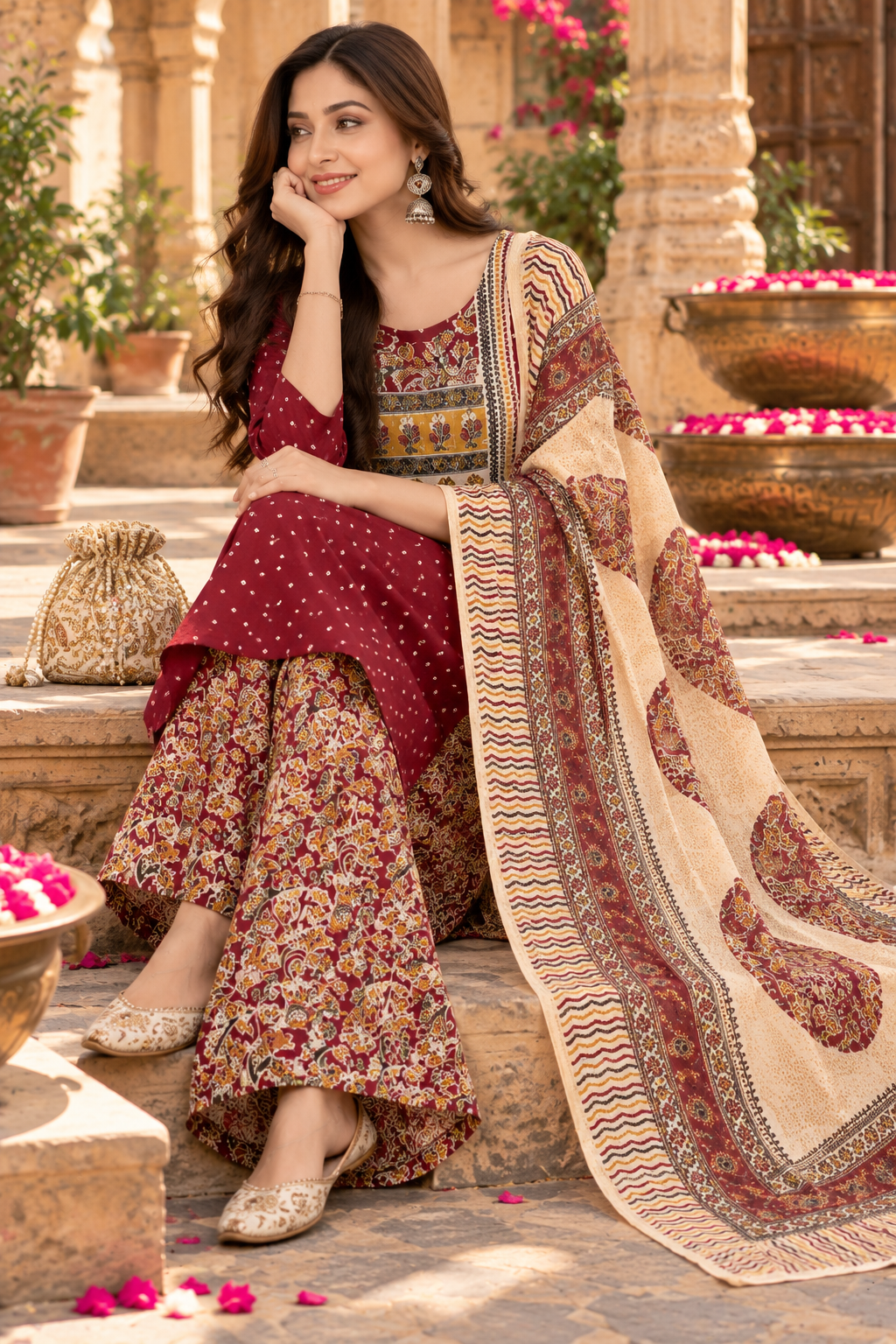 Soft Cotton Kurti Pant Set With Dupatta(Maroon)