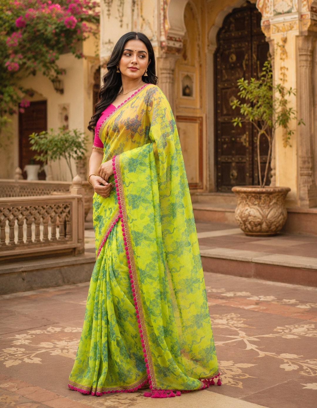 Georgette Printed Saree With Unstitched Blouse(Green)