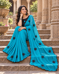 Georgette Sequins Work Saree With Unstitched Blouse(Blue)