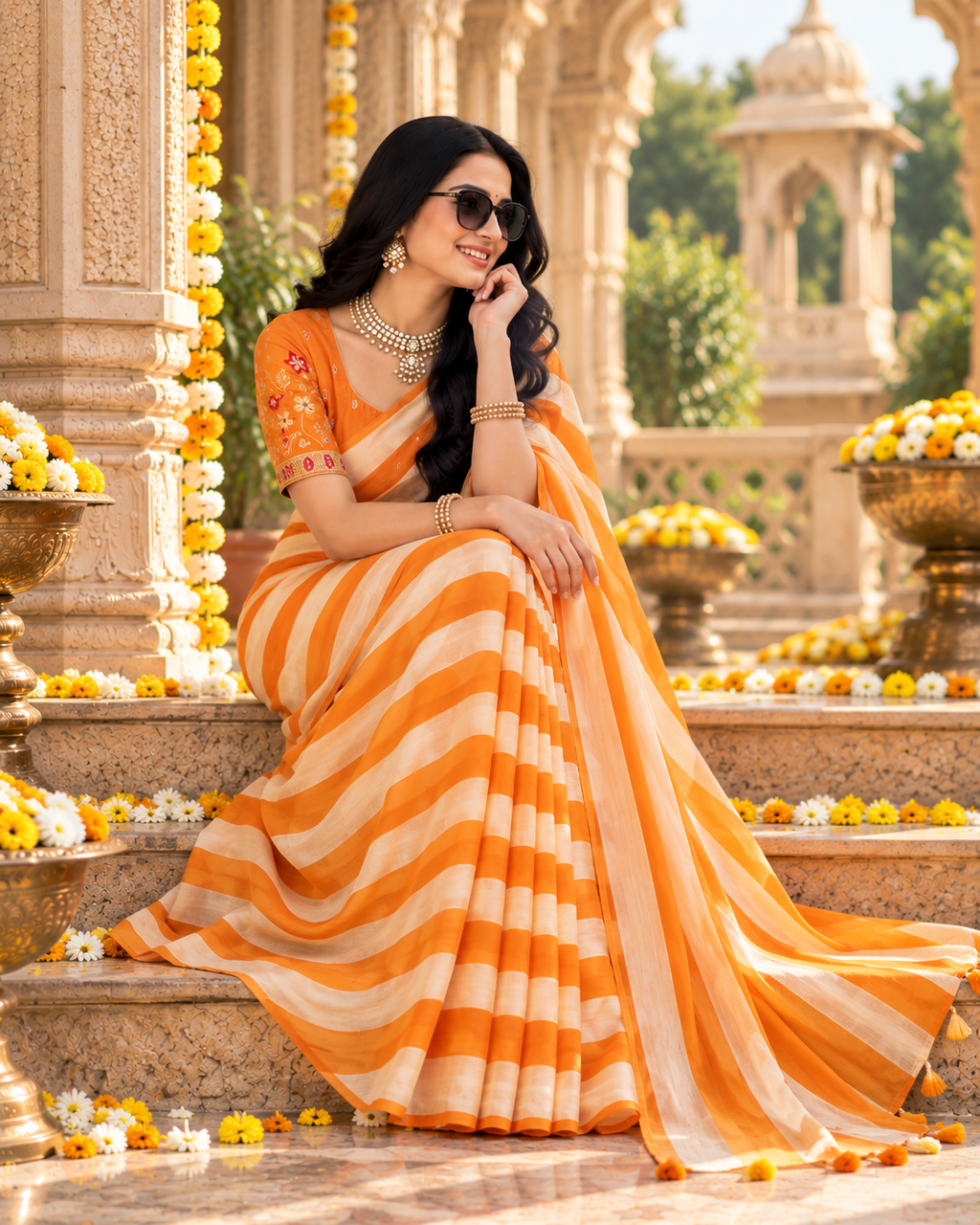 Chiffon Silk Designer Saree With Unstitched Blouse(Yellow)