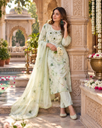 Pure Cotton Kurti Pant And Dupatta Set(Light Green)