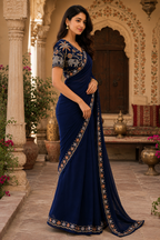 Sequins Embroidery Georgette Saree With Unstitched Blouse(Blue)