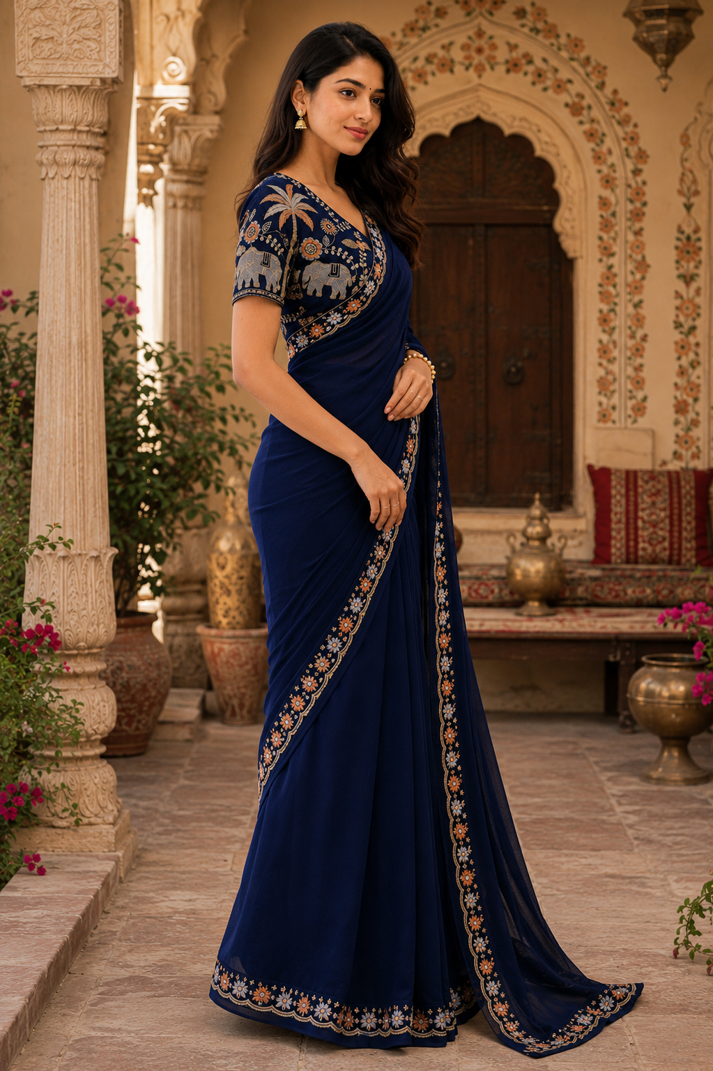 Sequins Embroidery Georgette Saree With Unstitched Blouse(Blue)