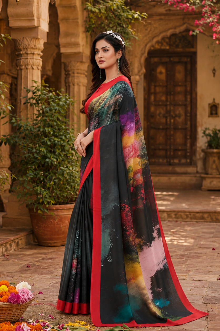 Soft Crepe Silk Digital Print Saree With Unstitched Blouse(Black)