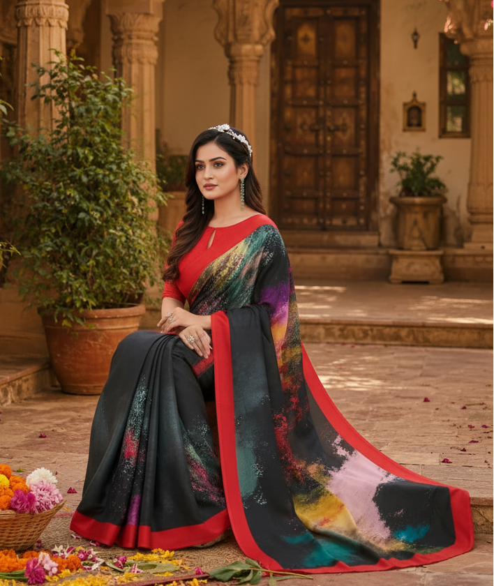 Soft Crepe Silk Digital Print Saree With Unstitched Blouse(Black)