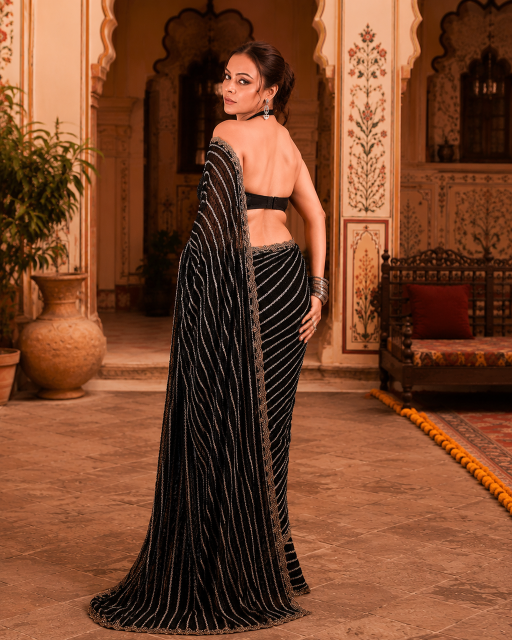 Georgette Sequins Embroidery Work Saree With Unstitched Blouse(Black)
