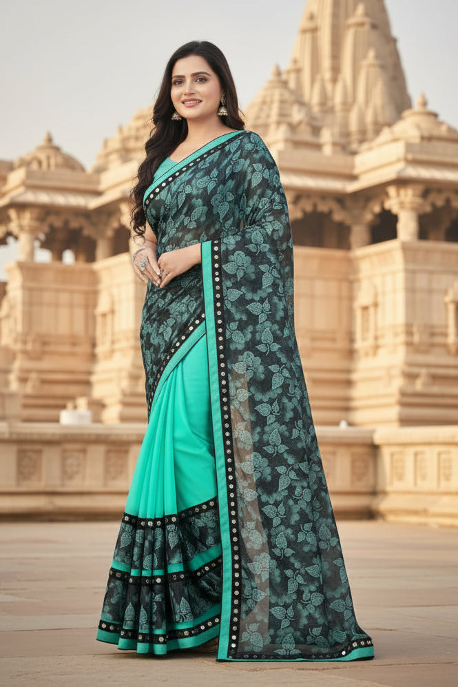 Women's lycra blend saree with blouse (rama, 5 6 mtrs) kashvii