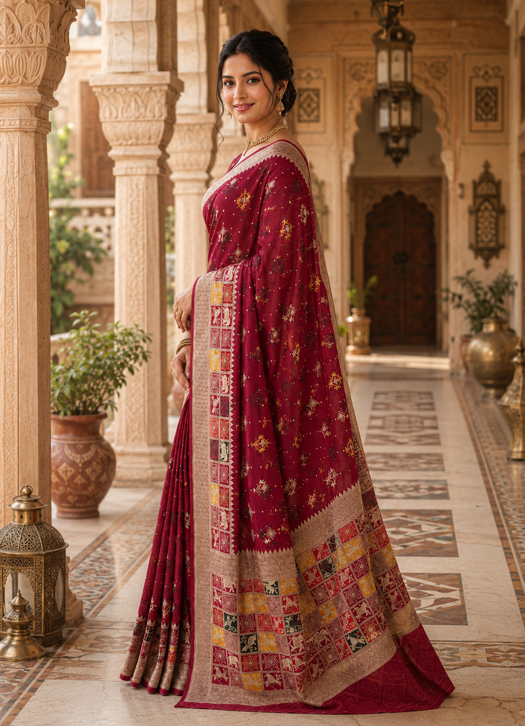 Dola Silk Soft Rajwadi Kashmiri Thread Zari Weaving Border With Unstitched Butti  Blouse (Maroon)