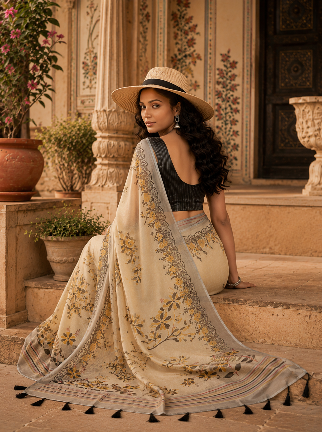 Blooming Linen Digital Printed Saree With Unstitched Blouse(Beige)