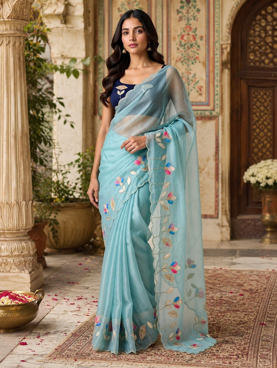 Premium Georgette Floral Print Saree With Unstitched Blouse(Sky Blue)
