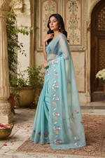 Load image into Gallery viewer, Premium Georgette Floral Print Saree With Unstitched Blouse(Sky Blue)
