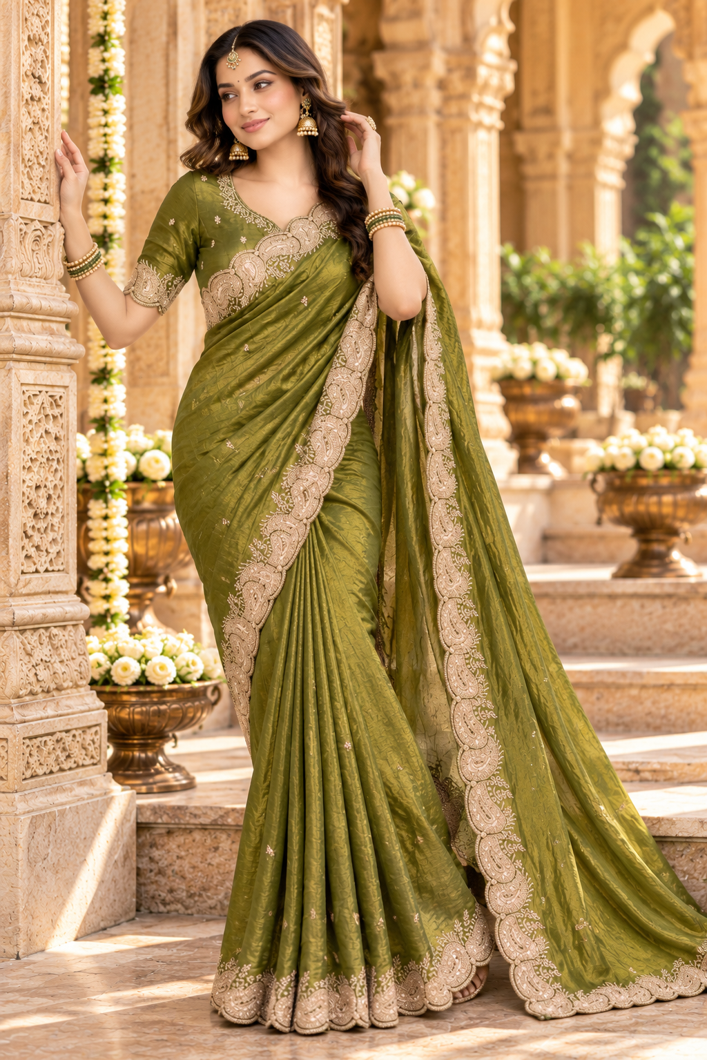 Satin Silk Embroidery Work Saree With Unstitched Blouse(Green)