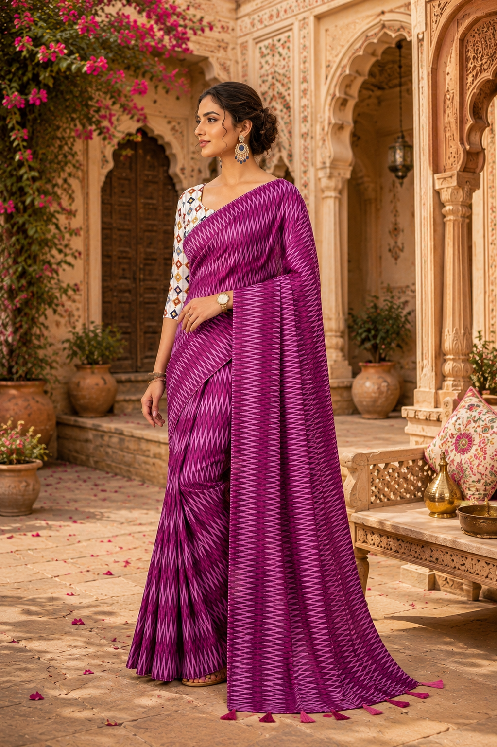 Crepe Silk Printed Sarees With Unstitched Blouse(Purple)