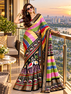 Premium Dola Silk Multicolored Stripes Weaving Border Saree With Unstitched Blouse (Multicolour)