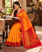 Premium Paithani Katan Silk Butti Saree With Zari Border Unstitched Blouse (Orange)