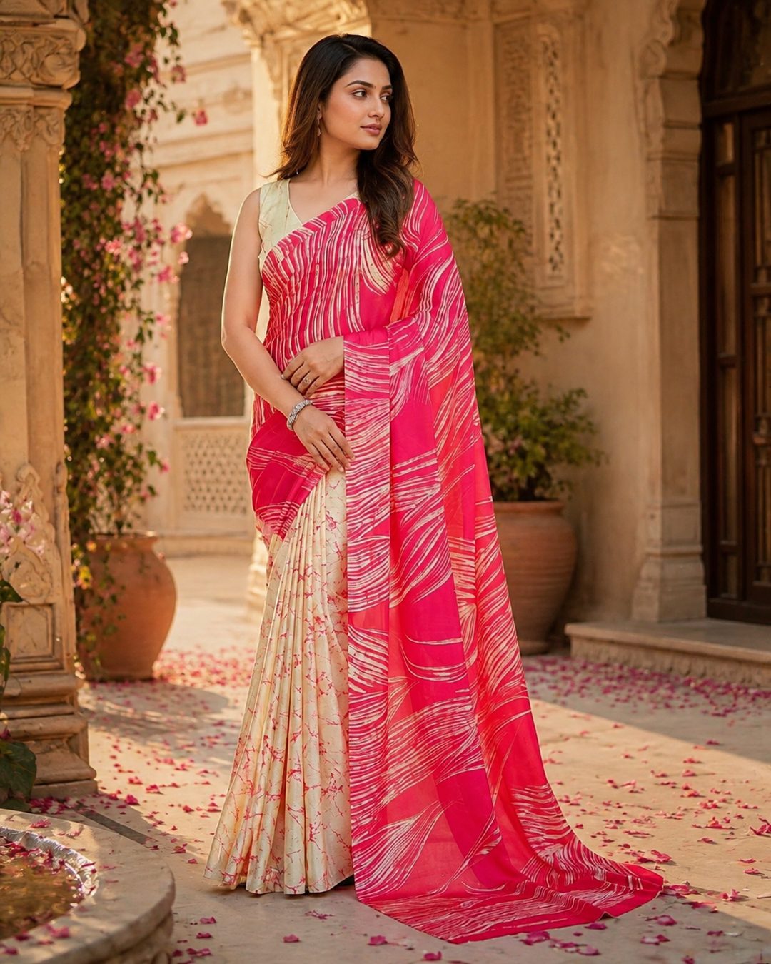 Satin Silk Printed Saree With Unstitched Blouse(Rani)