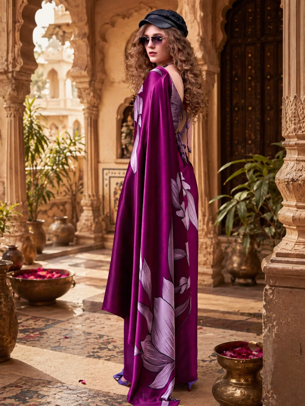 Stunning Satin Silk Floral Printed Saree With Unstitched Blouse(Wine)