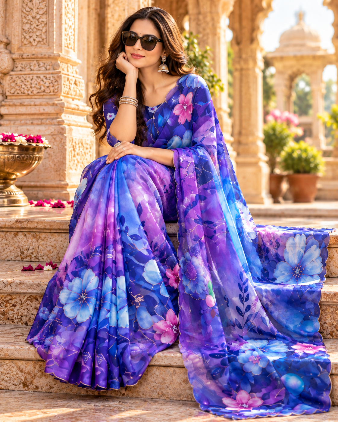 Organza Silk Floral Print Saree With Unstitched Blouse(Blue)