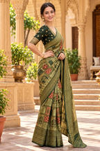 Banarasi Soft Silk Saree With Unstitched Blouse(Green)