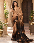 Satin Silk Floral Print Saree With Unstitched Blouse(Brown)