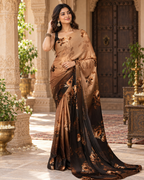 Satin Silk Floral Print Saree With Unstitched Blouse(Brown)