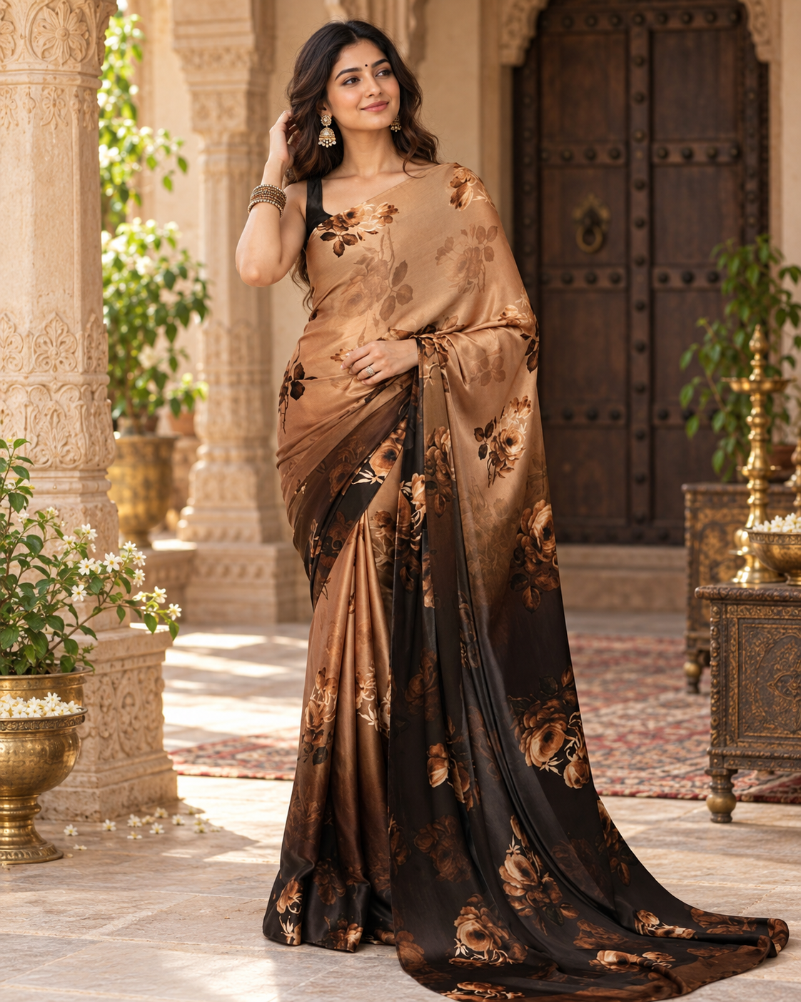 Satin Silk Floral Print Saree With Unstitched Blouse(Brown)