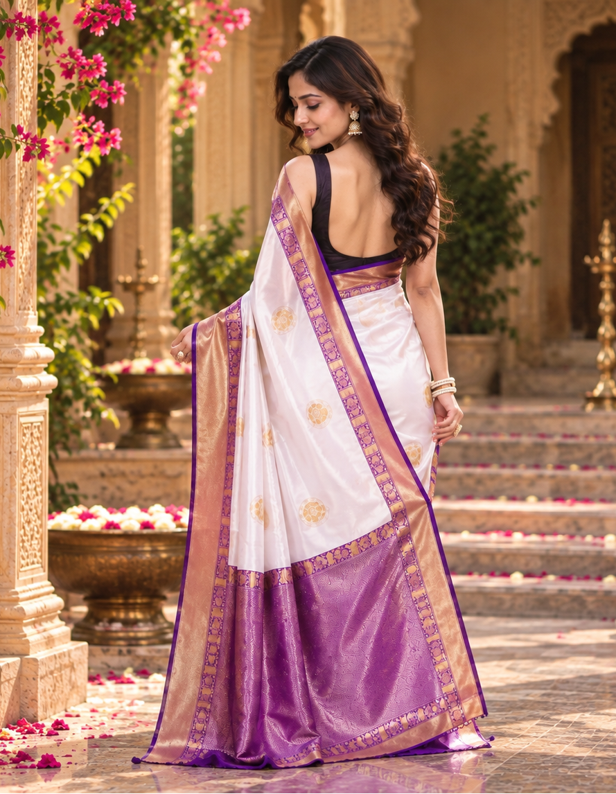 Art Silk Jacquard Work Saree With Unstitched Blouse(White)