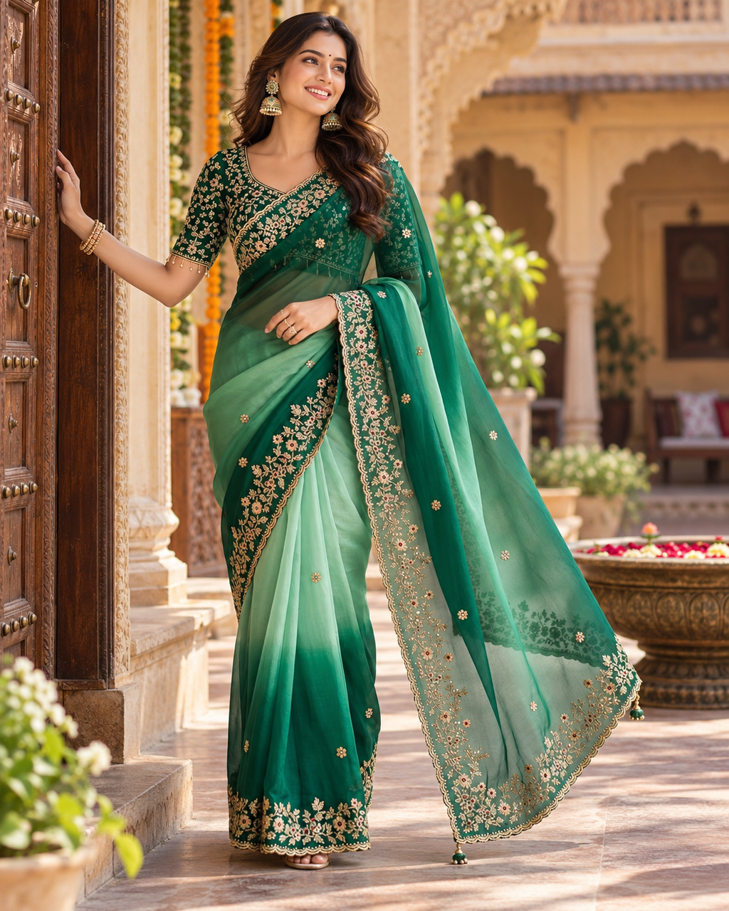 Chiffon Silk Embroidery Sequin Work Saree With Unstitched Blouse(Bottle Green)