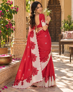 Premium Linen Digital Print Cut Work Border Saree With Ustitched Blouse (Red)