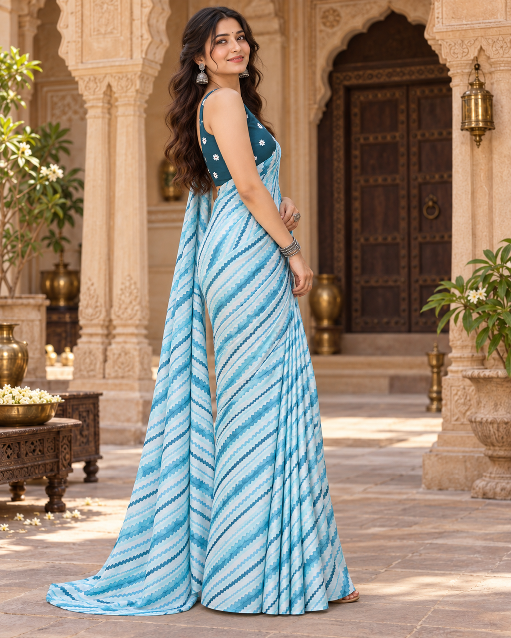 Satin Silk Printed Saree With Unstitched Blouse(Blue)