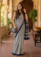 Mulmul Cotton Block Printed Saree With Unstitched Blouse(Navy Blue)