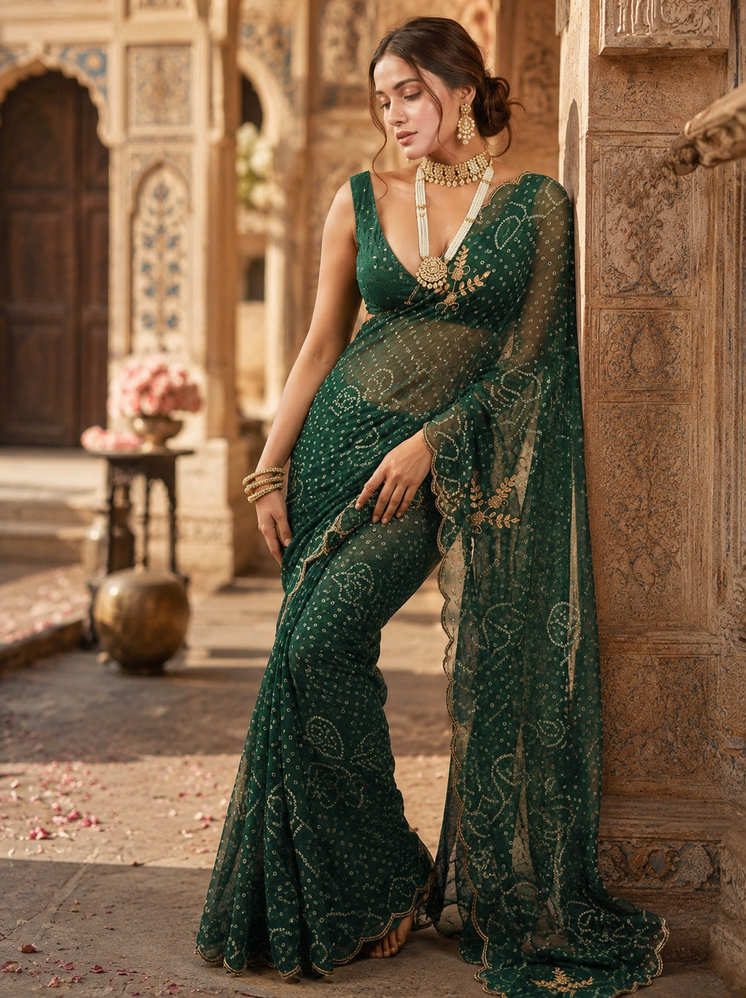 Georgette Hand Work Border Cut Saree With Unstitched Blouse(Green)