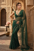 Georgette Hand Work Border Cut Saree With Unstitched Blouse(Green)