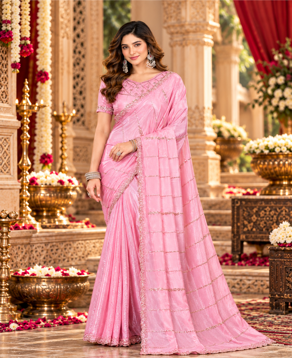 Pure Prada Silk Saree with Unstitched Blouse(Pink)