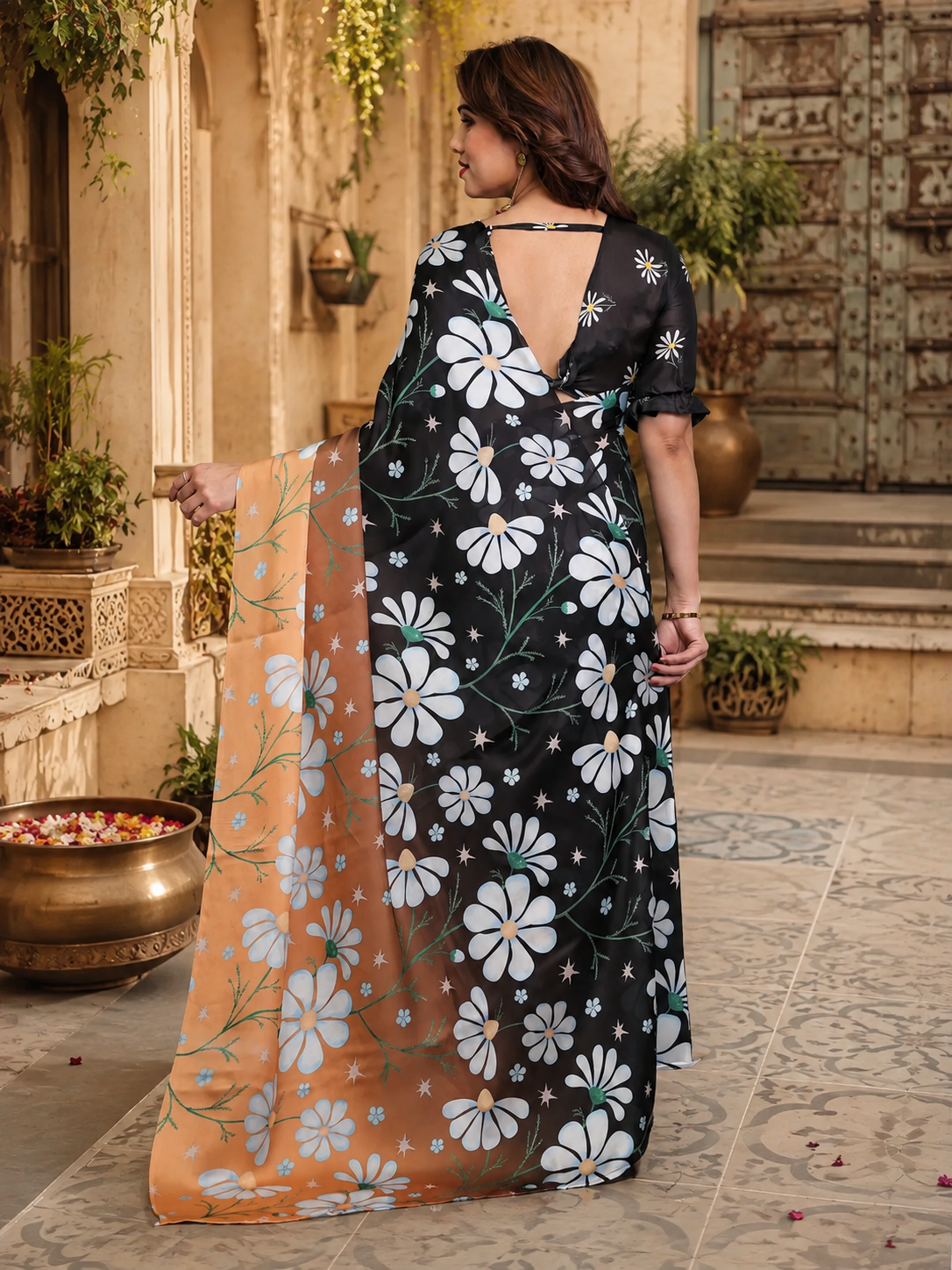 Satin Silk Printed Saree With Unstitched Blouse(Peach)